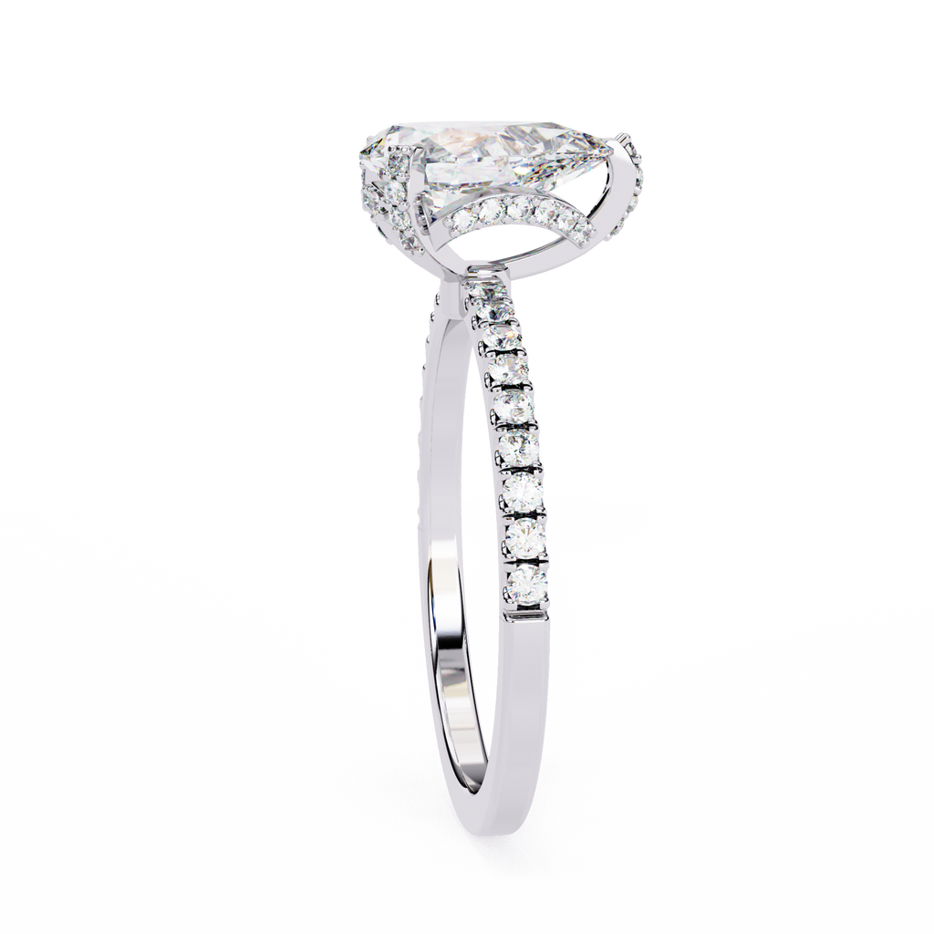 White Gold Pear Cut Diamond Ring with Hidden Halo and Pavé Shoulders