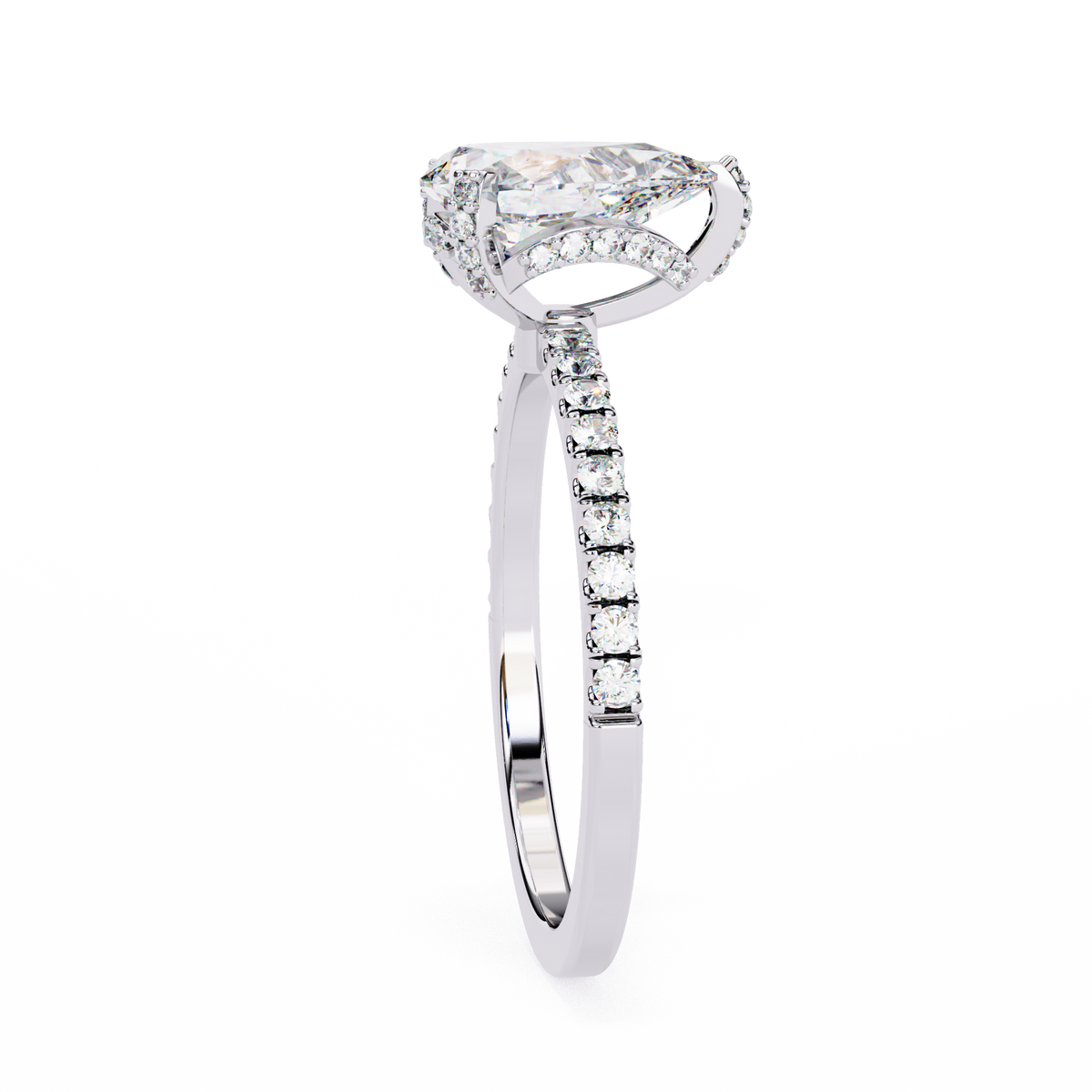 White Gold Pear Cut Diamond Ring with Hidden Halo and Pavé Shoulders