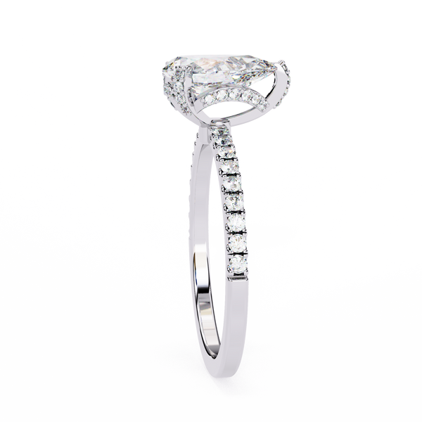 White Gold Pear Cut Diamond Ring with Hidden Halo and Pavé Shoulders