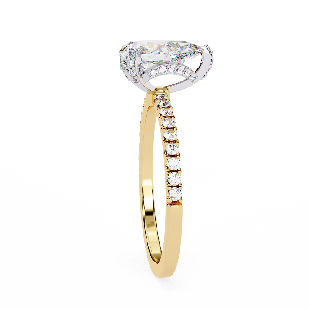 Yellow Gold Pear Cut Diamond Ring with Hidden Halo and Pavé Band