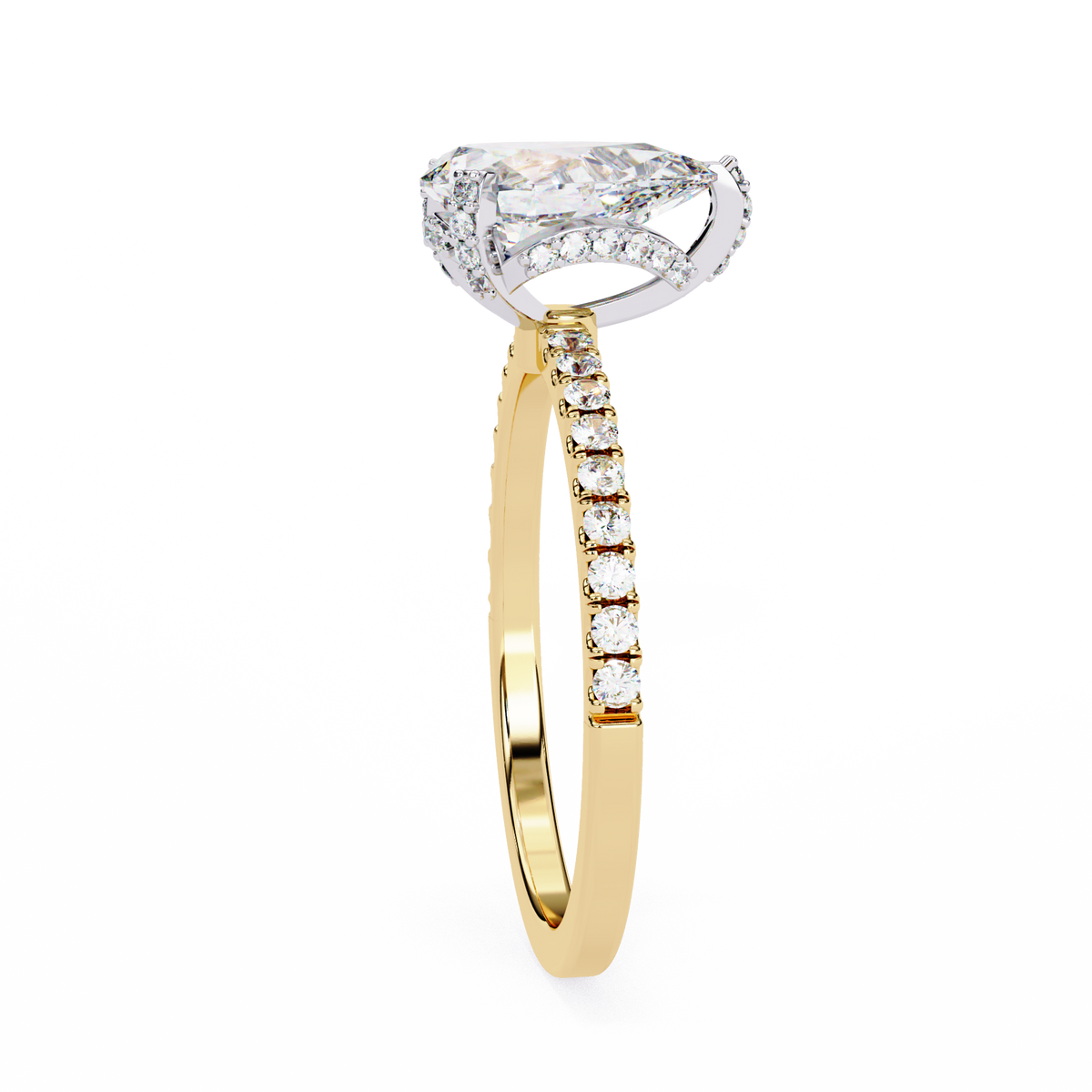 Yellow Gold Pear Cut Diamond Ring with Hidden Halo and Pavé Band