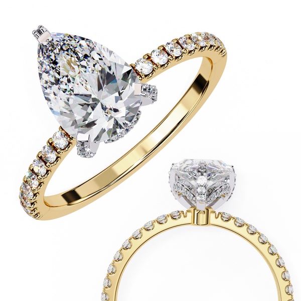Yellow Gold Pear Cut Diamond Ring with Hidden Halo and Pavé Band