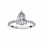 White Gold Pear Cut Diamond Ring with Hidden Halo and Pavé Shoulders