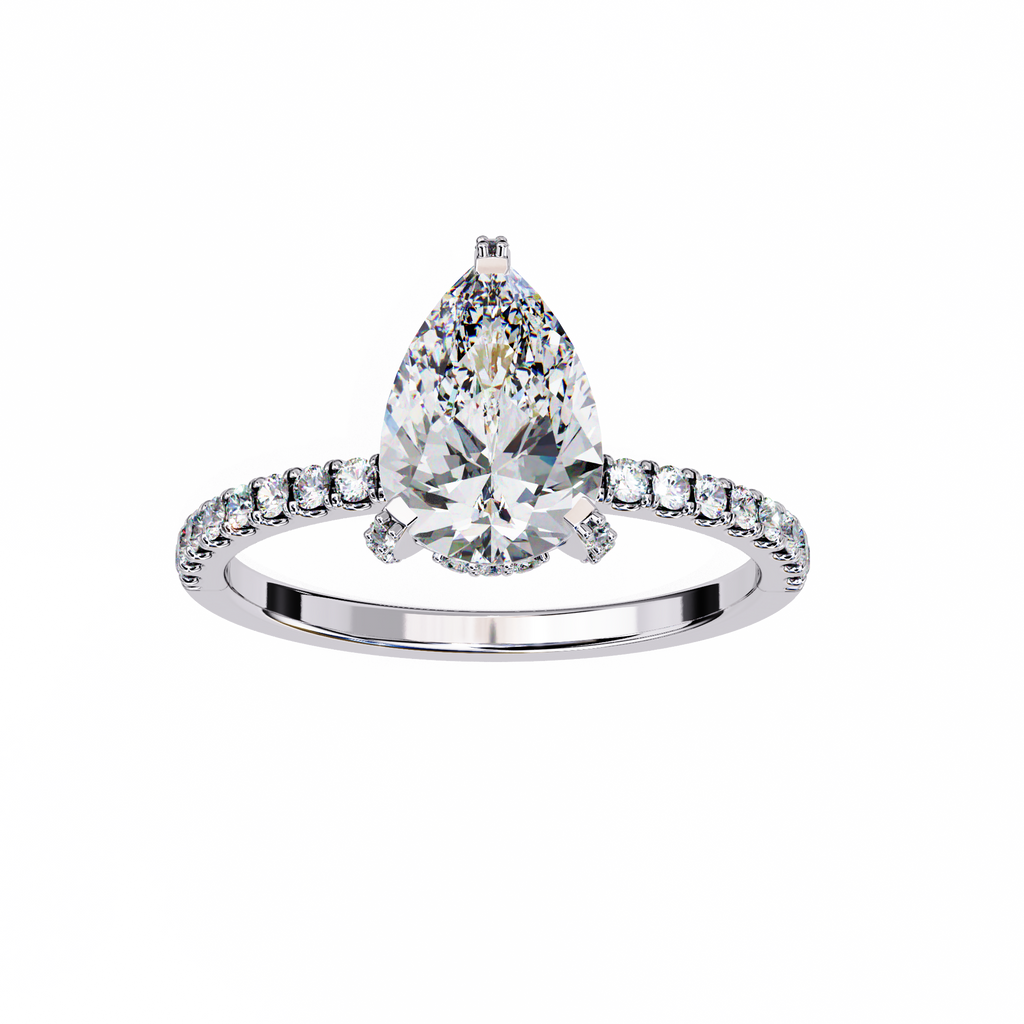White Gold Pear Cut Diamond Ring with Hidden Halo and Pavé Shoulders