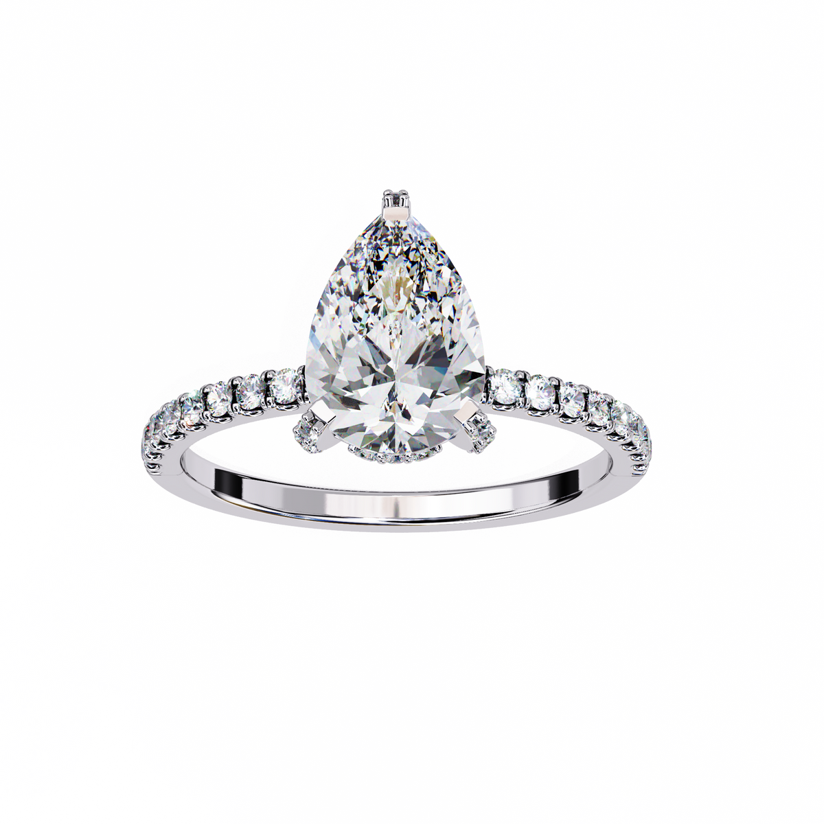 White Gold Pear Cut Diamond Ring with Hidden Halo and Pavé Shoulders
