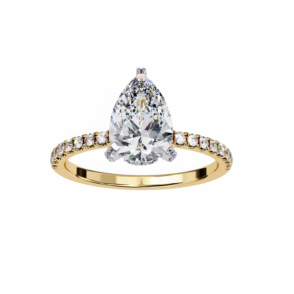 Yellow Gold Pear Cut Diamond Ring with Hidden Halo and Pavé Band