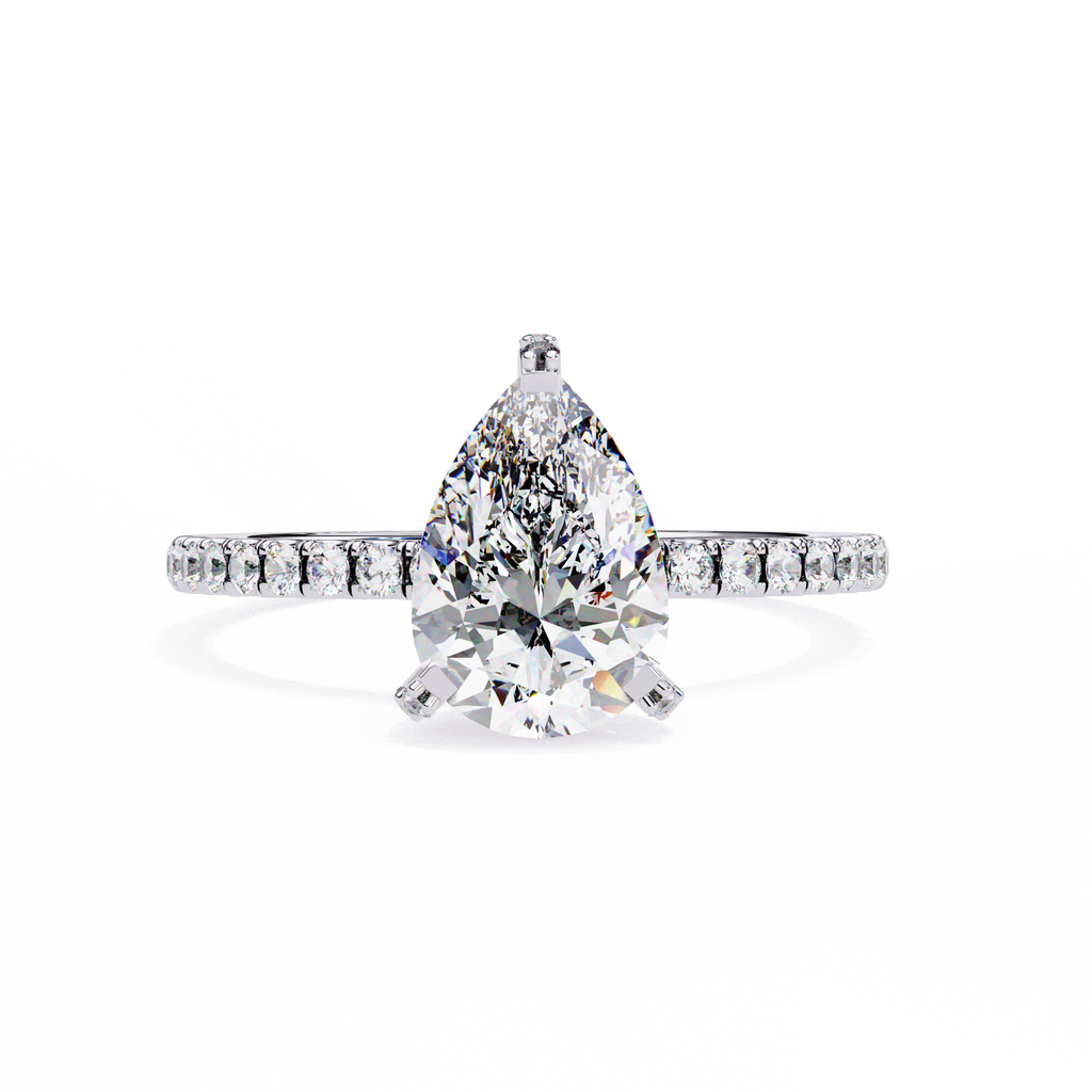 White Gold Pear Cut Diamond Ring with Hidden Halo and Pavé Shoulders