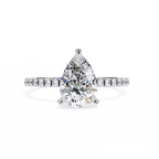 White Gold Pear Cut Diamond Ring with Hidden Halo and Pavé Shoulders