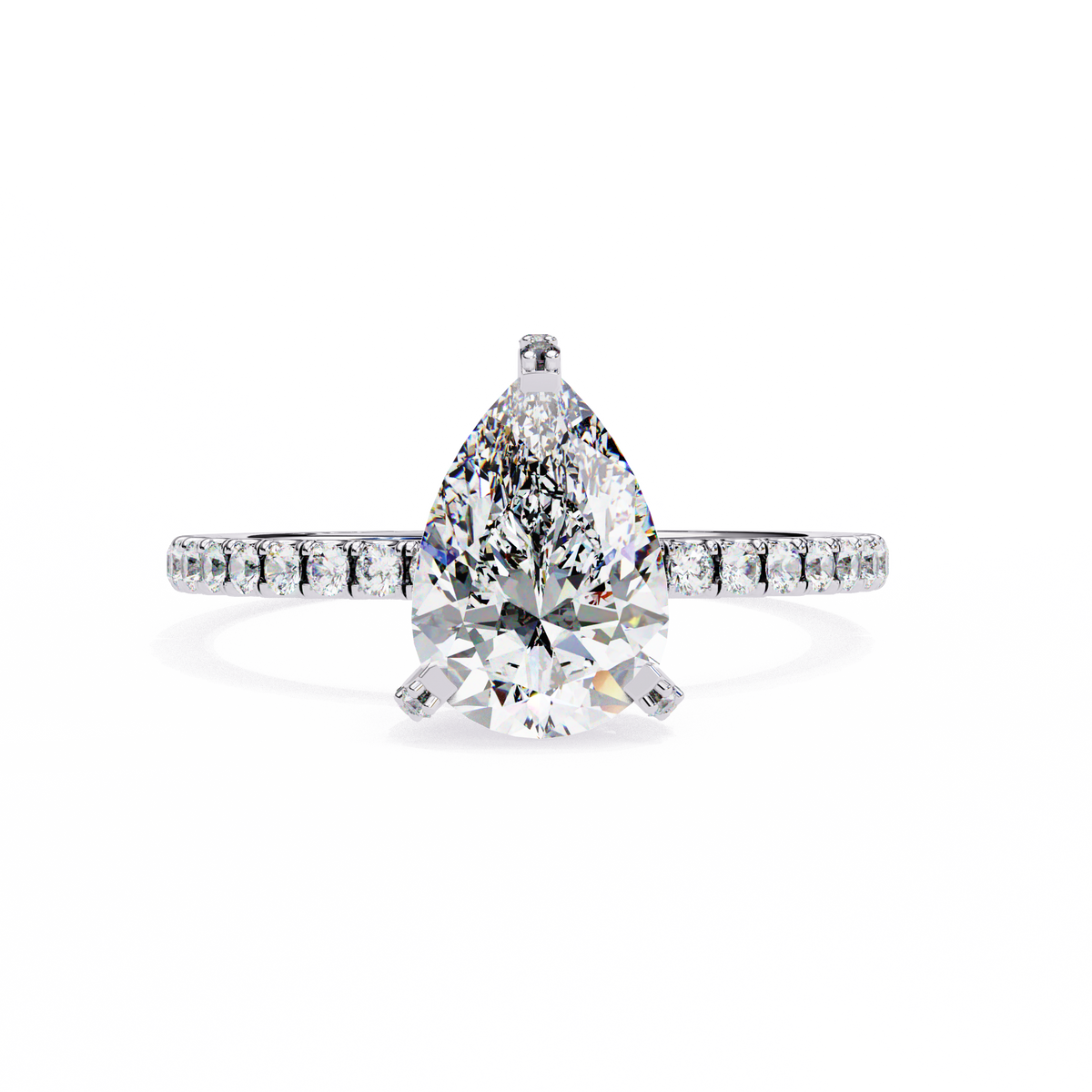 White Gold Pear Cut Diamond Ring with Hidden Halo and Pavé Shoulders