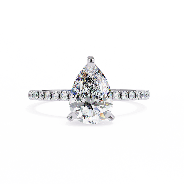 White Gold Pear Cut Diamond Ring with Hidden Halo and Pavé Shoulders