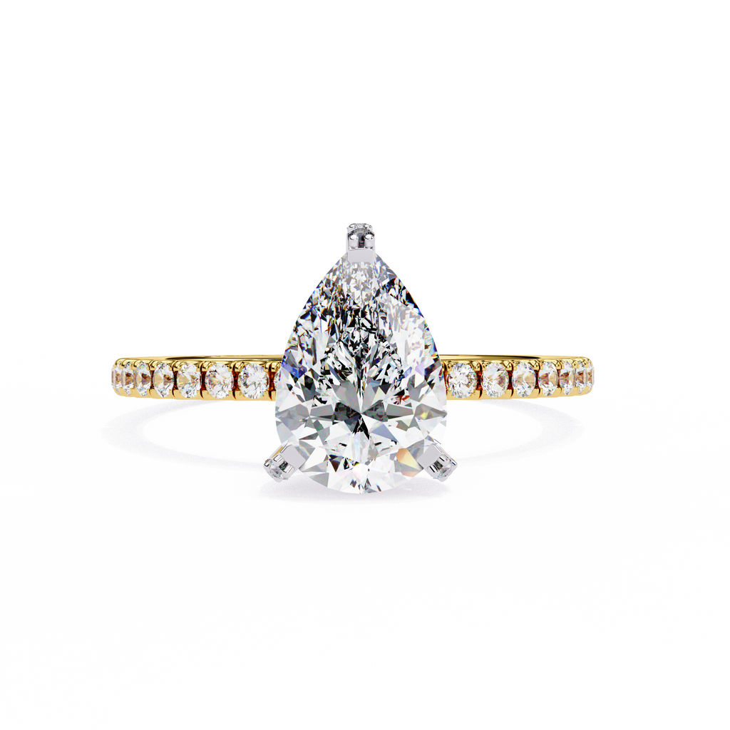Yellow Gold Pear Cut Diamond Ring with Hidden Halo and Pavé Band