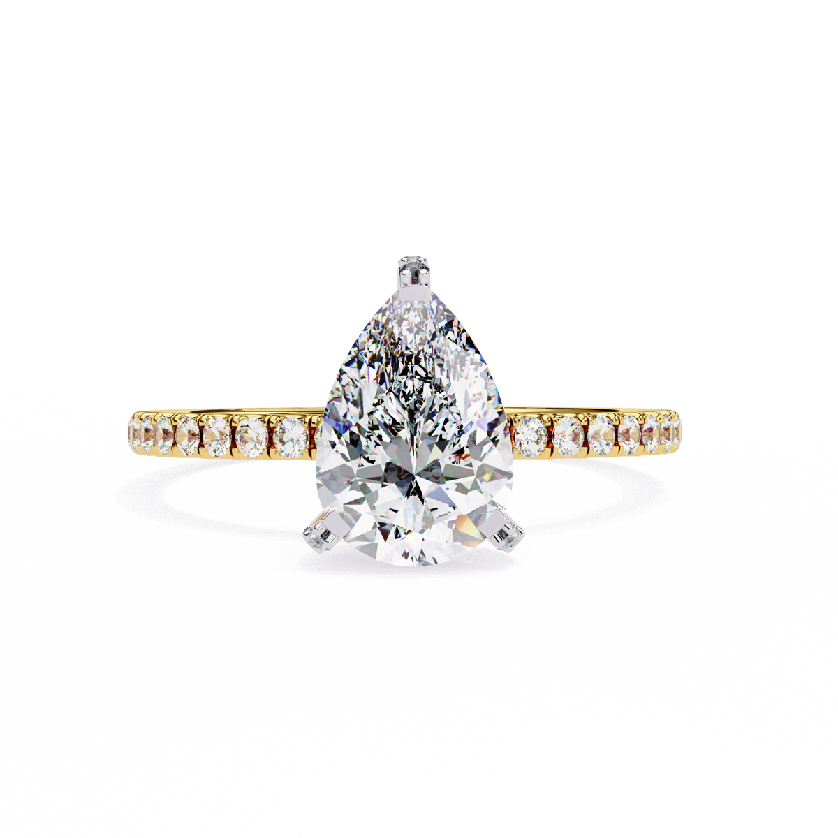 Yellow Gold Pear Cut Diamond Ring with Hidden Halo and Pavé Band