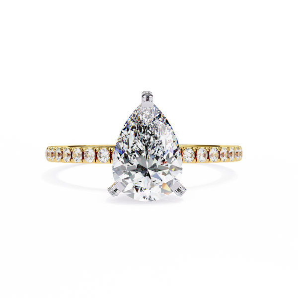 Yellow Gold Pear Cut Diamond Ring with Hidden Halo and Pavé Band