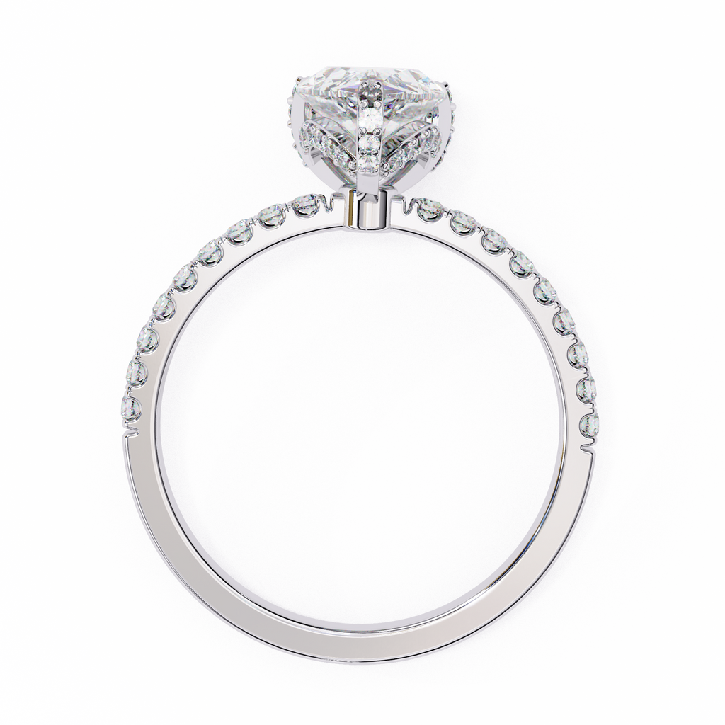 White Gold Pear Cut Diamond Ring with Hidden Halo and Pavé Shoulders