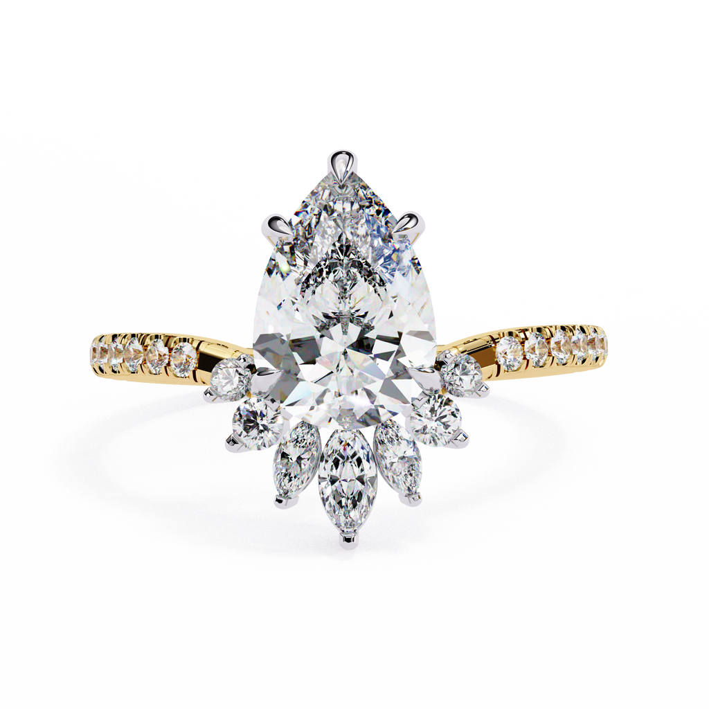 Yellow Gold Pear Cut Diamond Ring with Marquise Half-Crown and Pavé Band