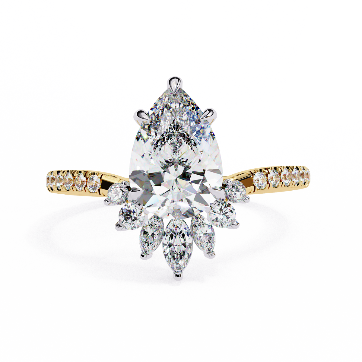 Yellow Gold Pear Cut Diamond Ring with Marquise Half-Crown and Pavé Band