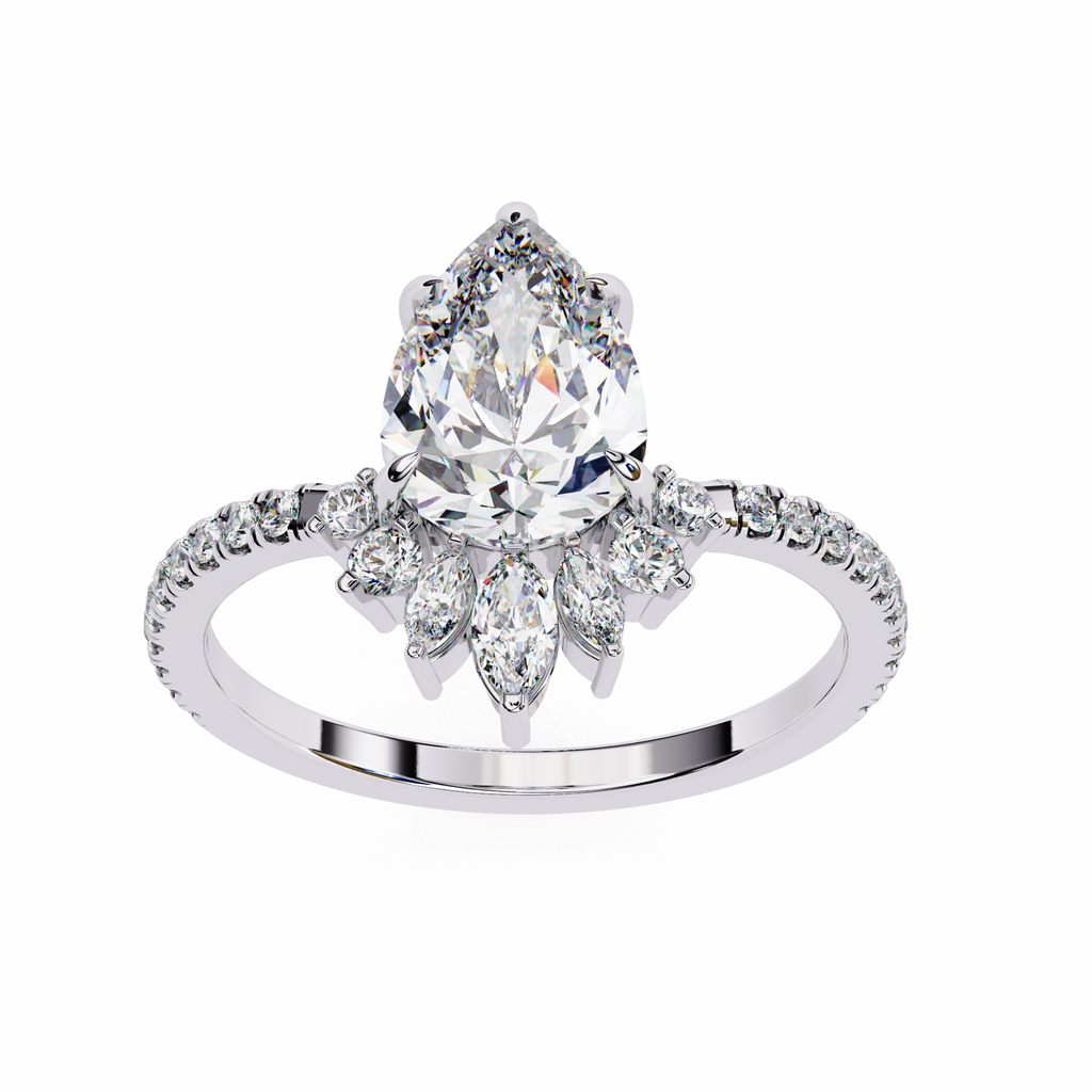 White Gold Pear Cut Diamond Ring with Marquise Half-Crown and Pavé Shoulders