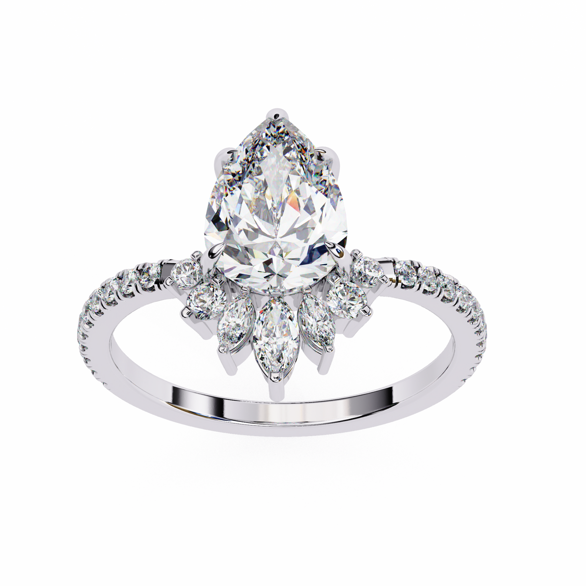 White Gold Pear Cut Diamond Ring with Marquise Half-Crown and Pavé Shoulders