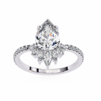 White Gold Pear Cut Diamond Ring with Marquise Half-Crown and Pavé Shoulders