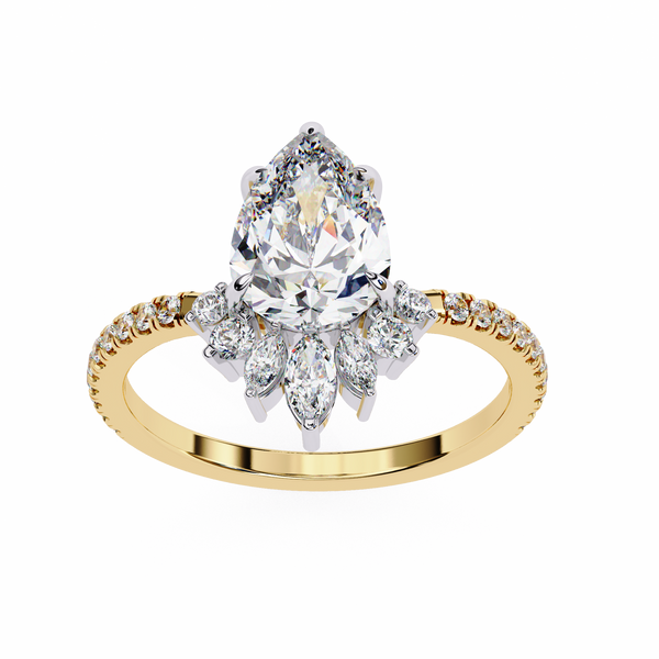 Yellow Gold Pear Cut Diamond Ring with Marquise Half-Crown and Pavé Band