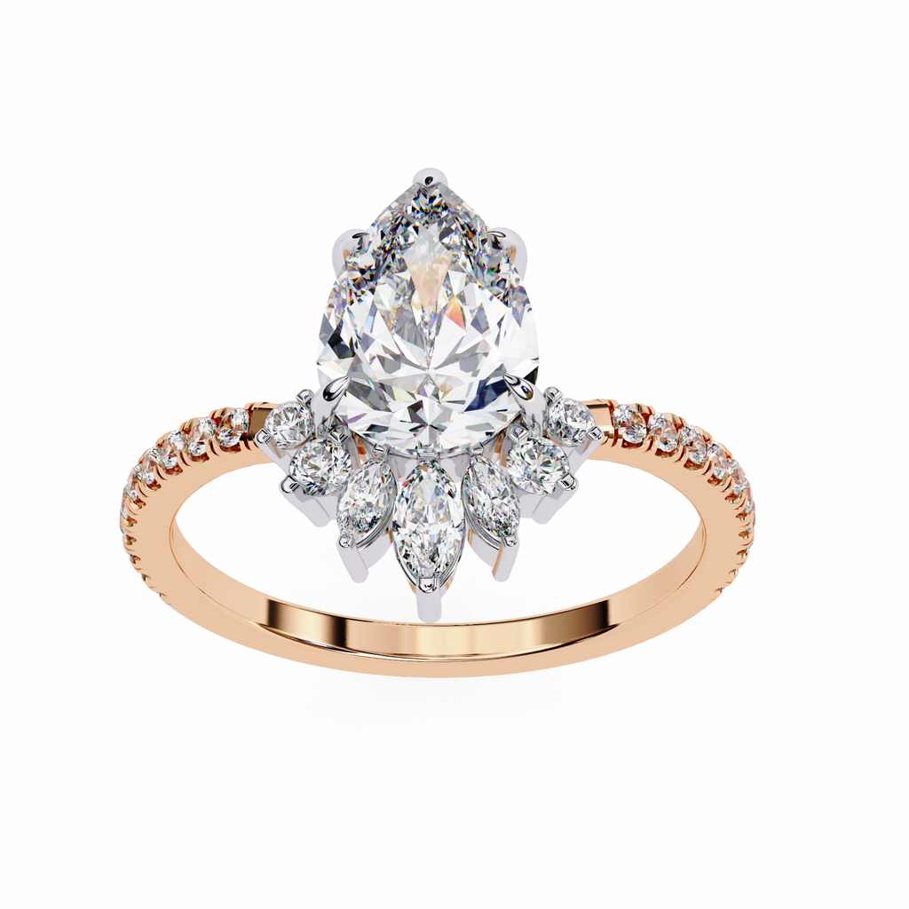 Rose Gold Pear Cut Diamond Ring with Marquise Crown and Pavé Band