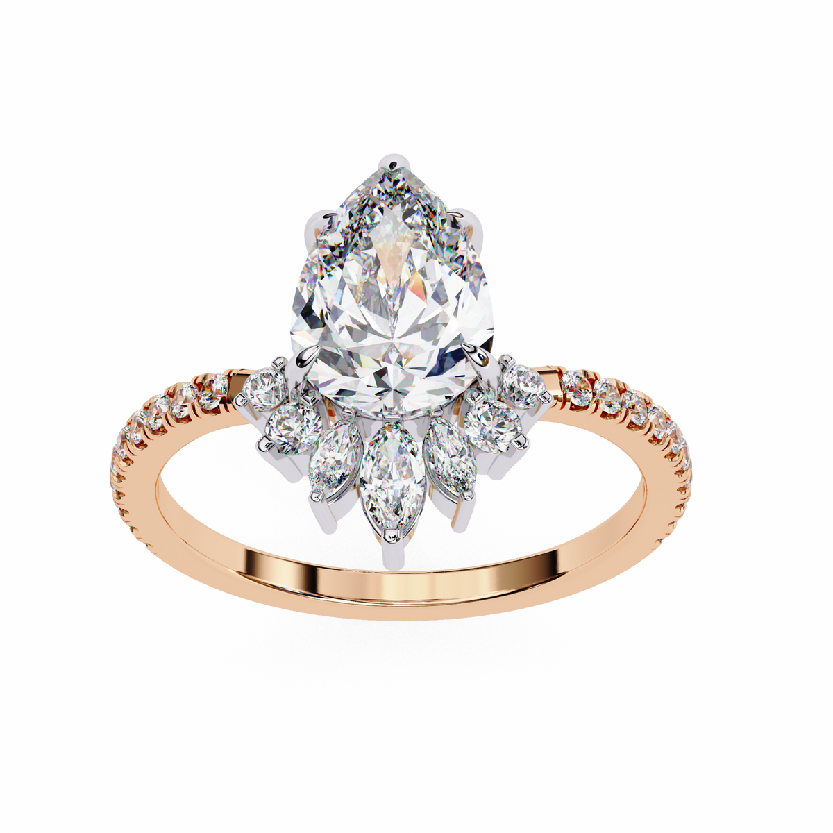 Rose Gold Pear Cut Diamond Ring with Marquise Crown and Pavé Band