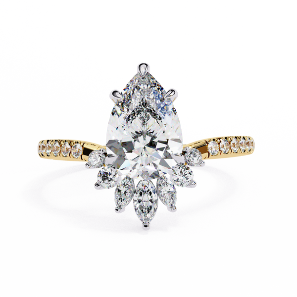 Yellow Gold Pear Cut Diamond Ring with Marquise Half-Crown and Pavé Band