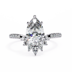 White Gold Pear Cut Diamond Ring with Marquise Half-Crown and Pavé Shoulders