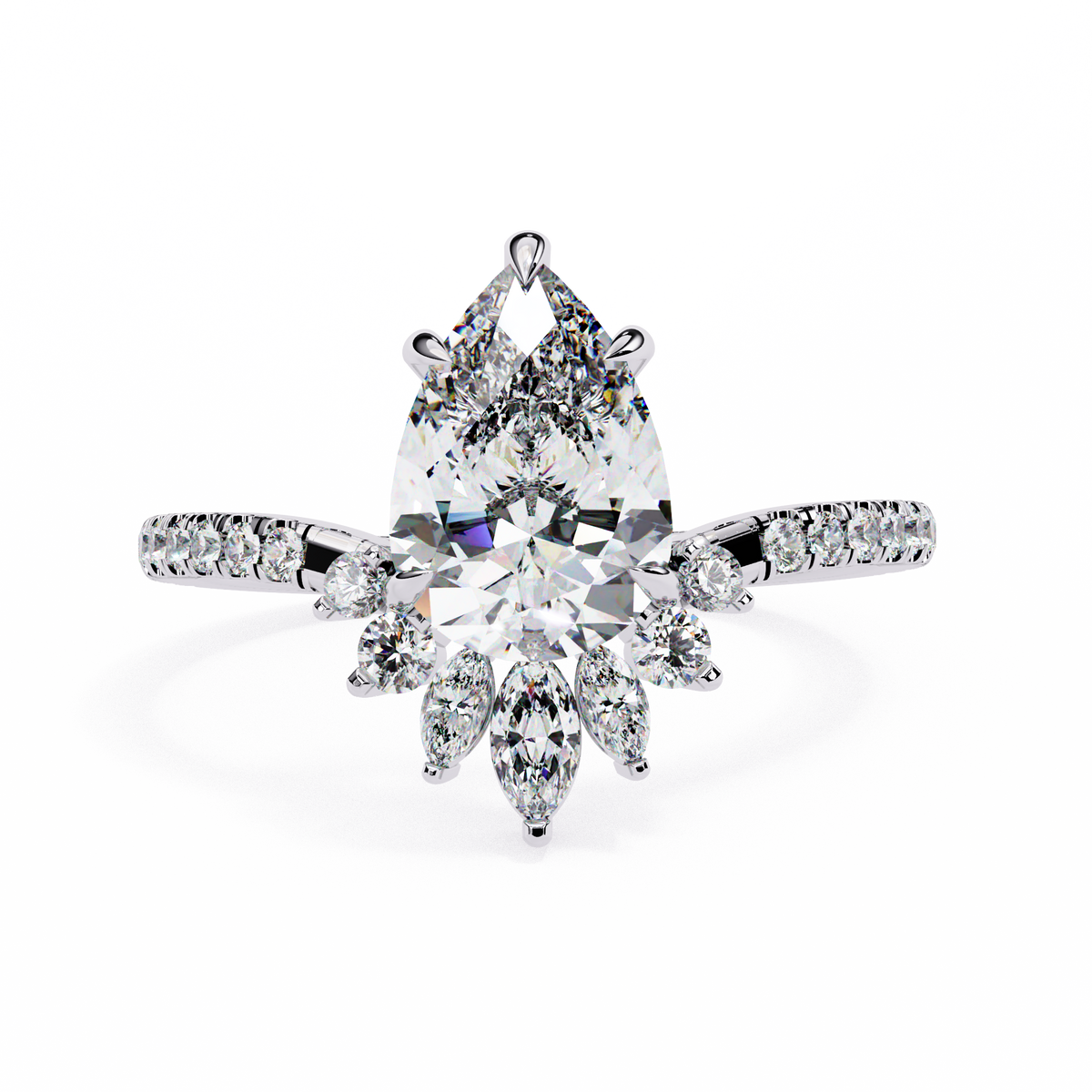 White Gold Pear Cut Diamond Ring with Marquise Half-Crown and Pavé Shoulders