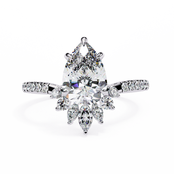 White Gold Pear Cut Diamond Ring with Marquise Half-Crown and Pavé Shoulders