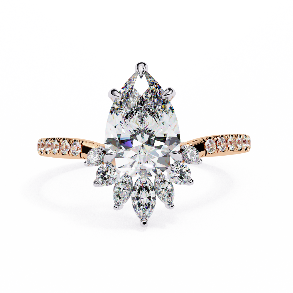 Rose Gold Pear Cut Diamond Ring with Marquise Crown and Pavé Band