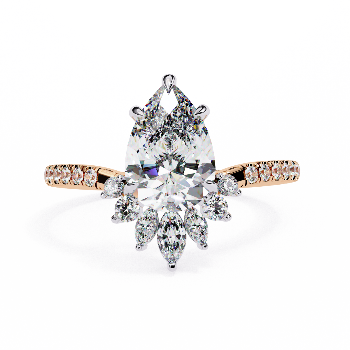 Rose Gold Pear Cut Diamond Ring with Marquise Crown and Pavé Band