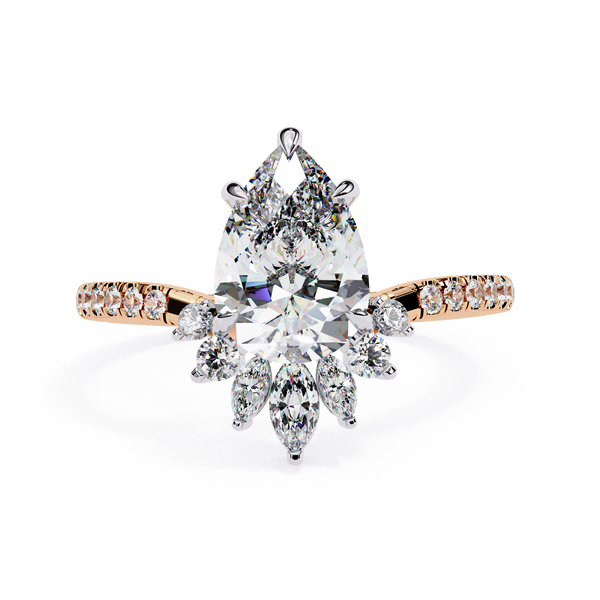 Rose Gold Pear Cut Diamond Ring with Marquise Crown and Pavé Band