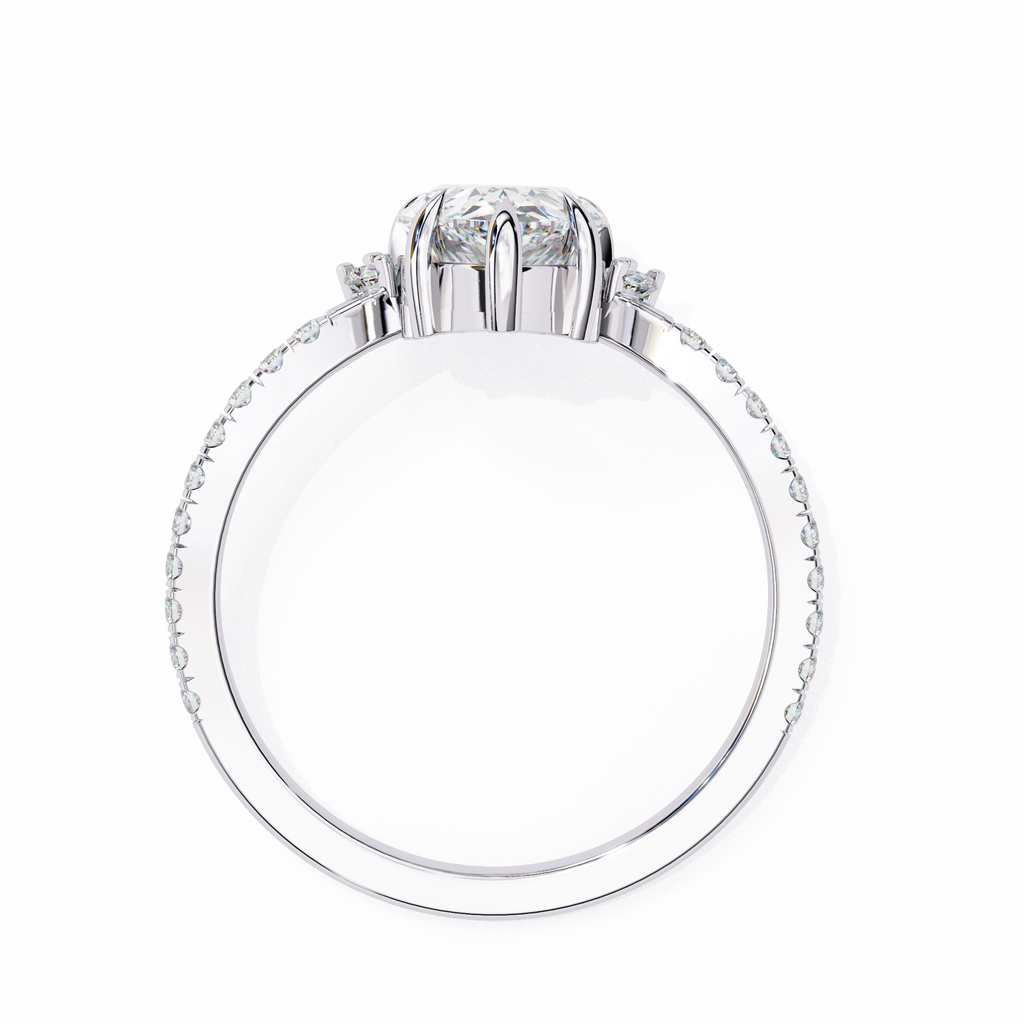 White Gold Pear Cut Diamond Ring with Marquise Half-Crown and Pavé Shoulders