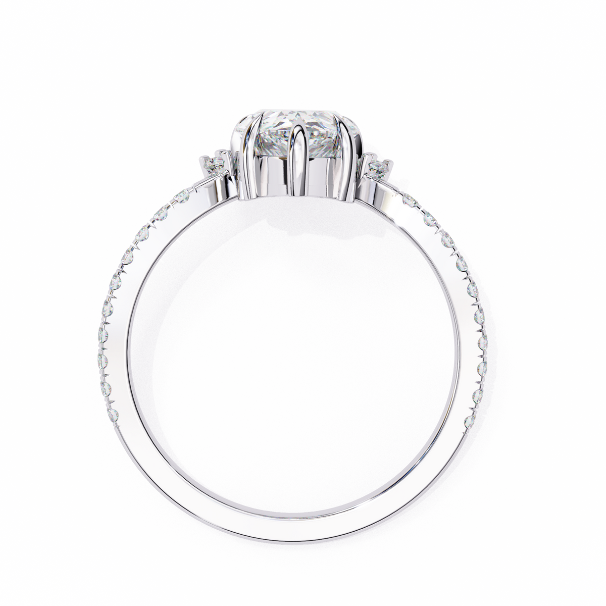 White Gold Pear Cut Diamond Ring with Marquise Half-Crown and Pavé Shoulders