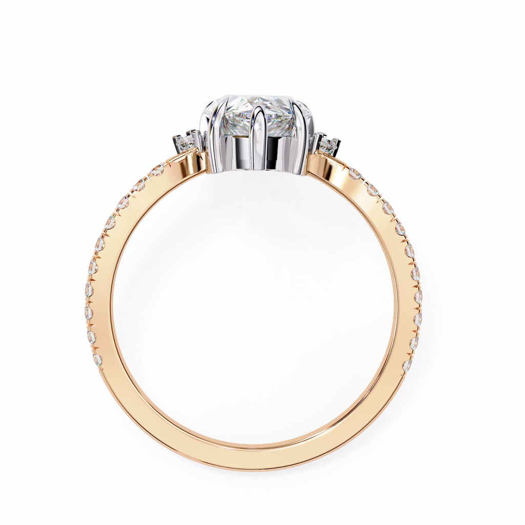 Rose Gold Pear Cut Diamond Ring with Marquise Crown and Pavé Band