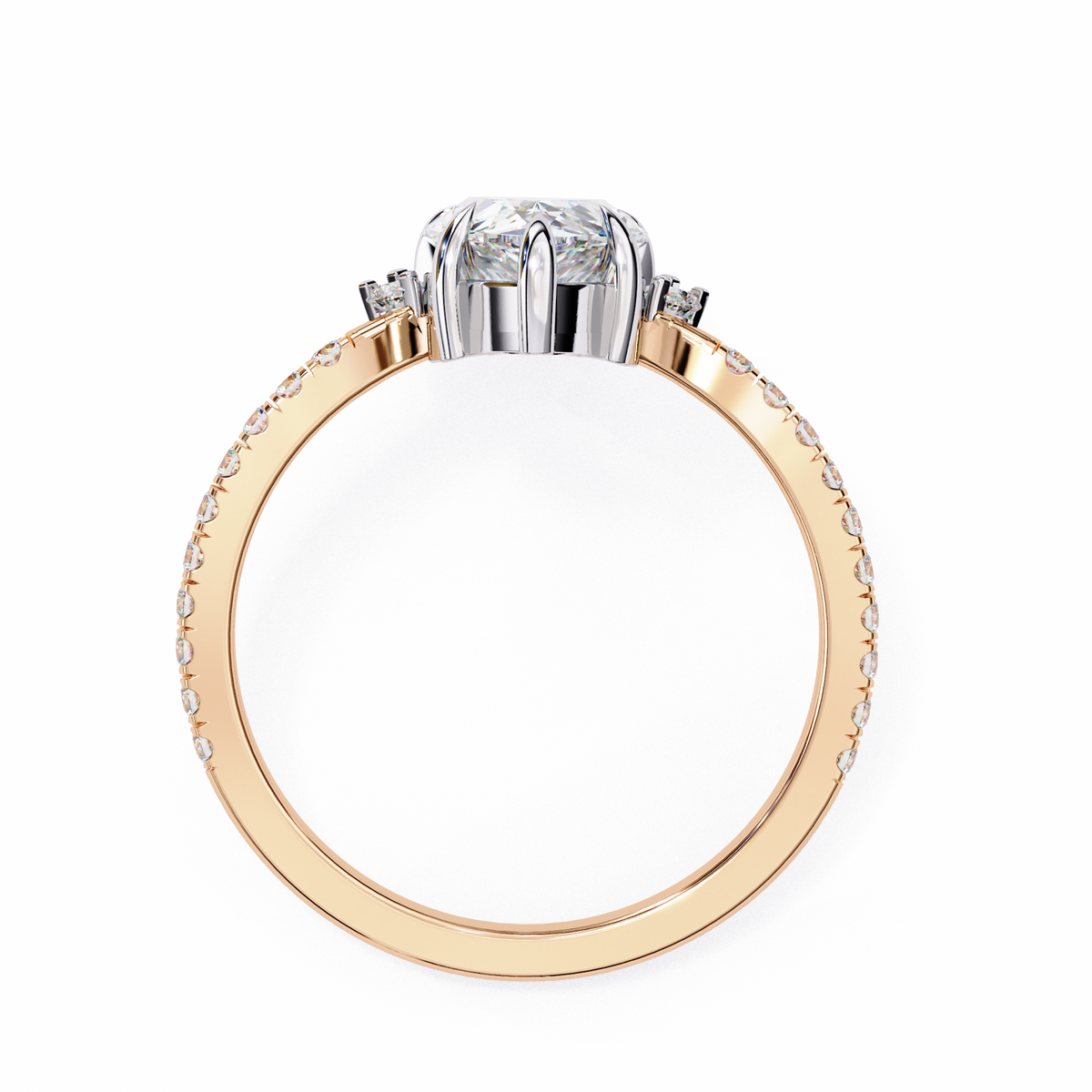 Rose Gold Pear Cut Diamond Ring with Marquise Crown and Pavé Band