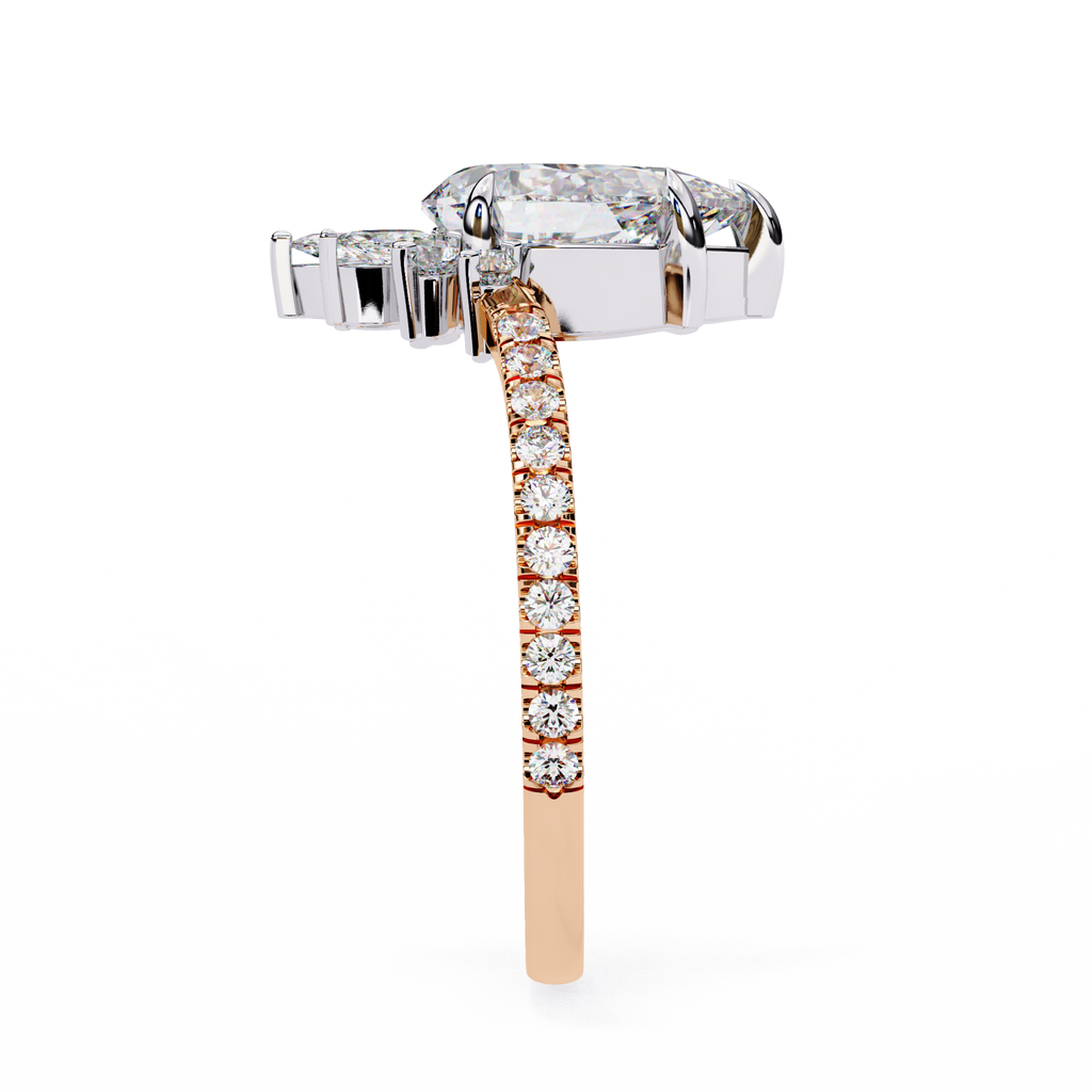 Rose Gold Pear Cut Diamond Ring with Marquise Crown and Pavé Band
