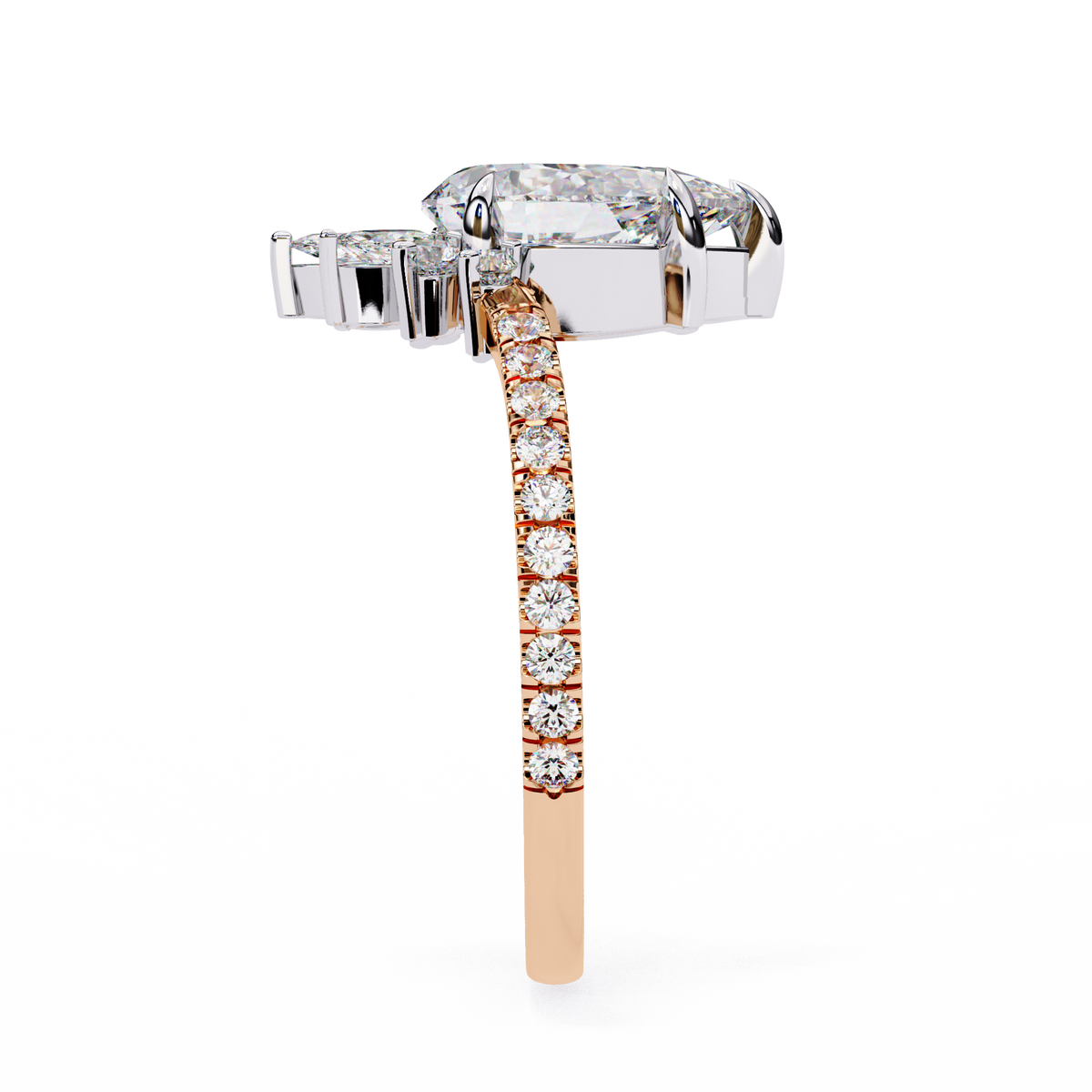 Rose Gold Pear Cut Diamond Ring with Marquise Crown and Pavé Band