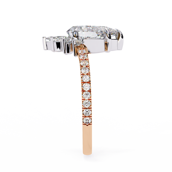 Rose Gold Pear Cut Diamond Ring with Marquise Crown and Pavé Band