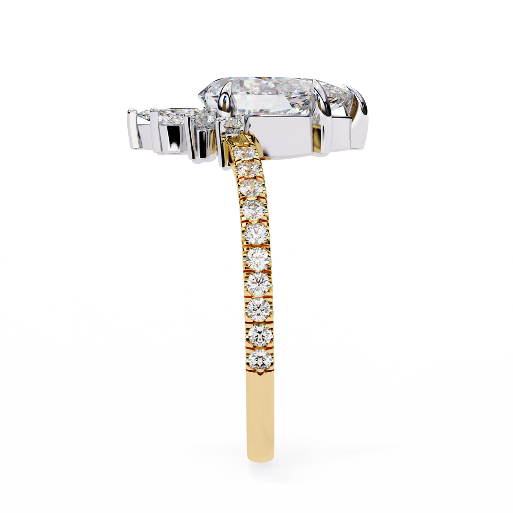 Yellow Gold Pear Cut Diamond Ring with Marquise Half-Crown and Pavé Band