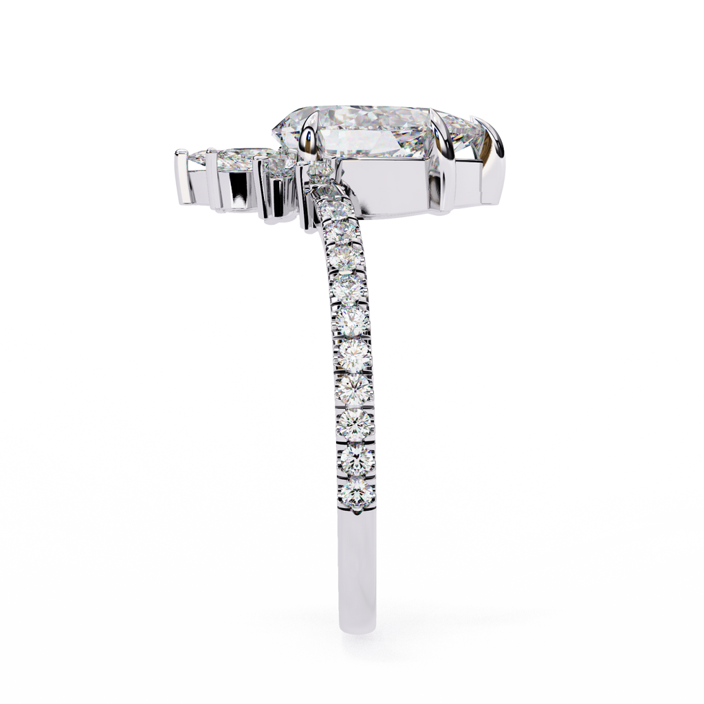 White Gold Pear Cut Diamond Ring with Marquise Half-Crown and Pavé Shoulders