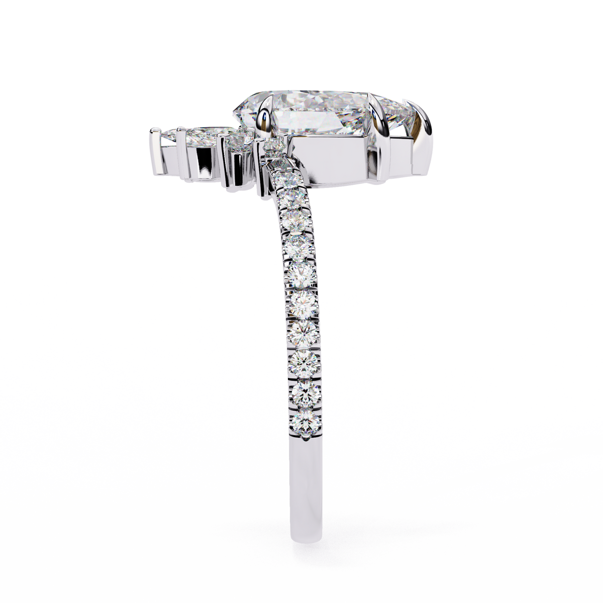 White Gold Pear Cut Diamond Ring with Marquise Half-Crown and Pavé Shoulders