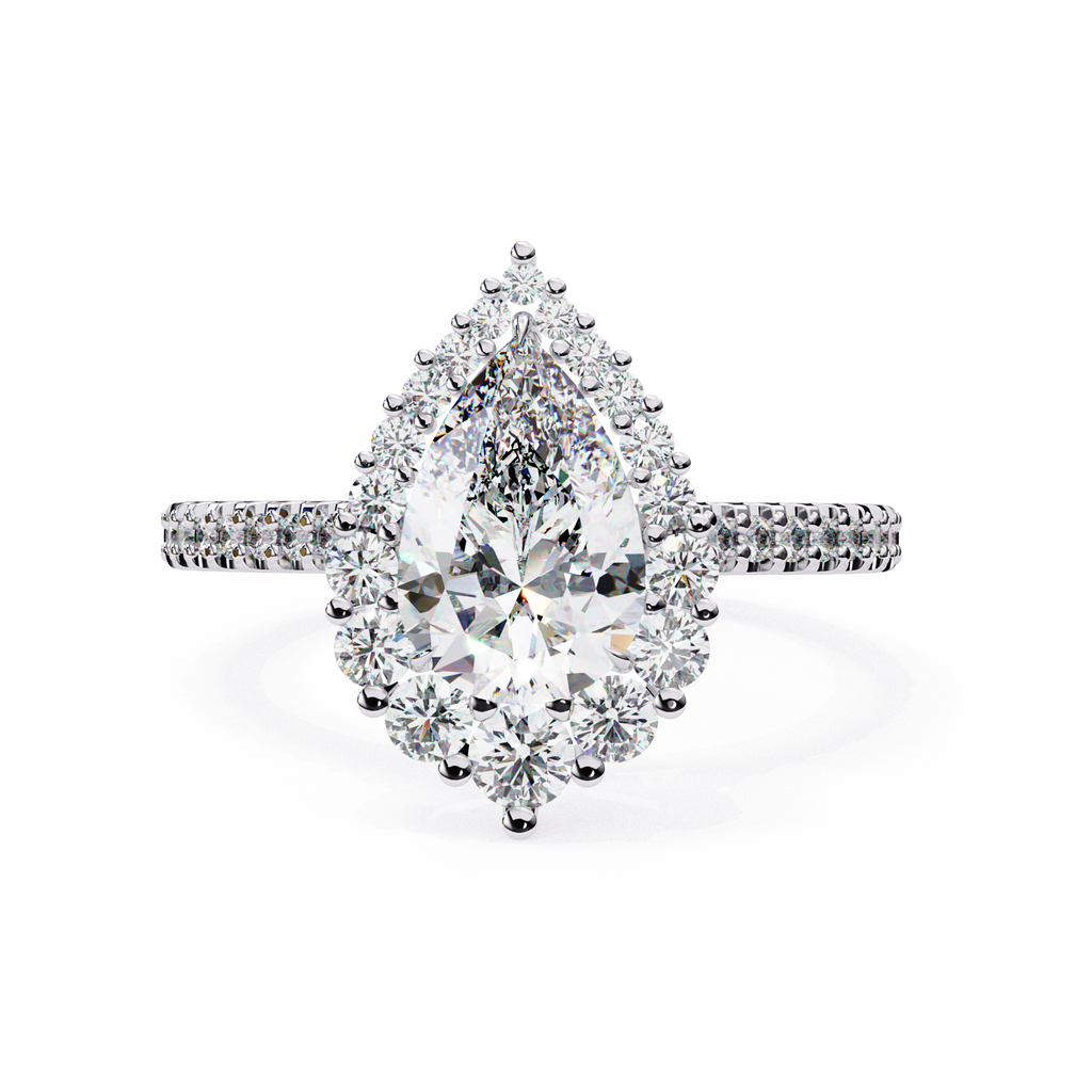 White Gold Pear Cut Diamond Halo Ring with Pavé Shoulders