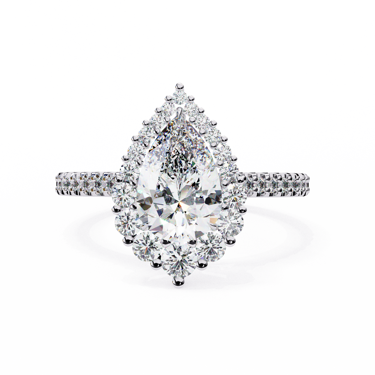 White Gold Pear Cut Diamond Halo Ring with Pavé Shoulders