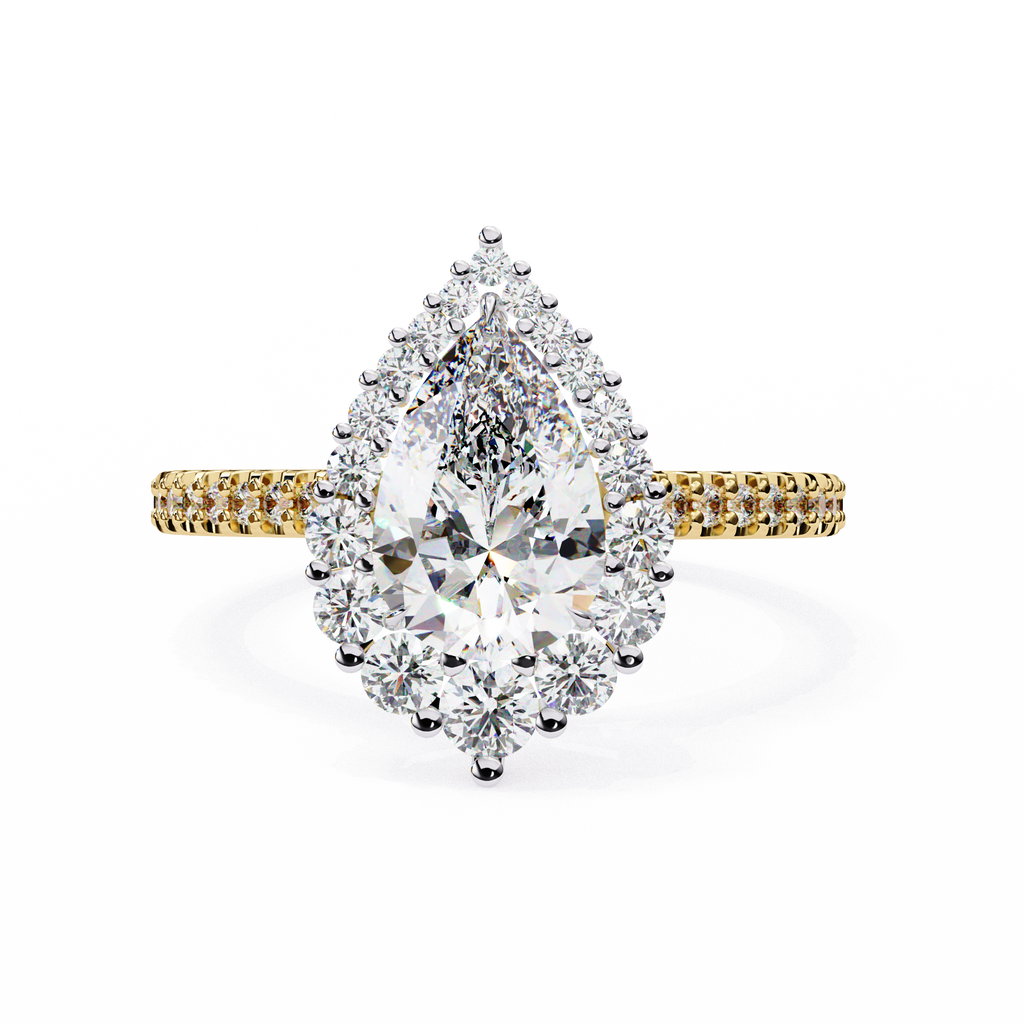 Yellow Gold Pear Cut Diamond Halo Ring with Pavé Band