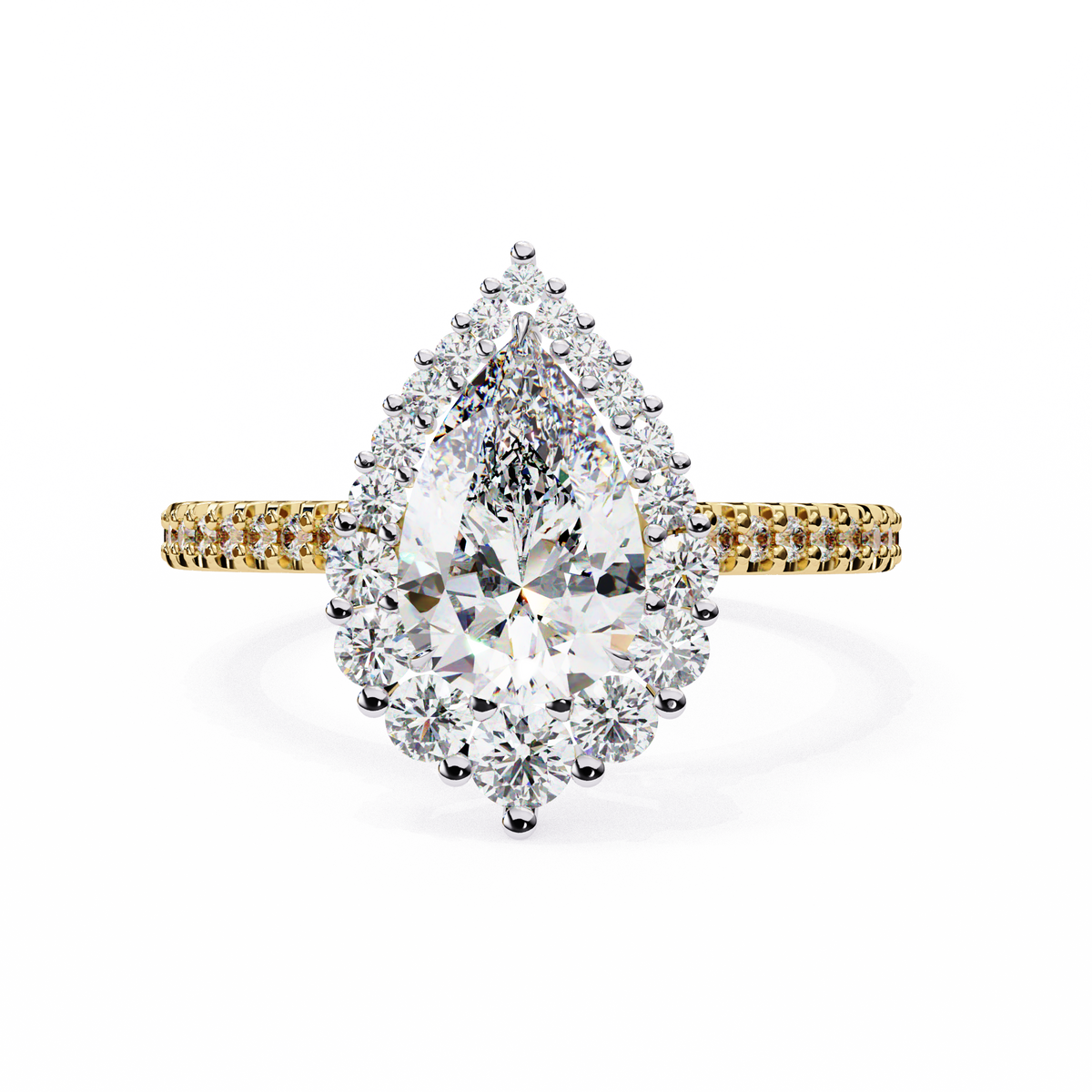 Yellow Gold Pear Cut Diamond Halo Ring with Pavé Band