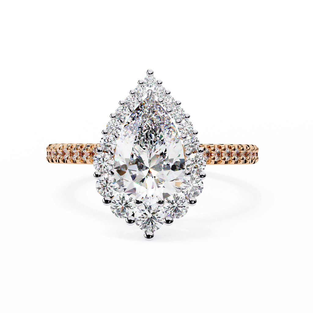 Rose Gold Pear Cut Diamond Halo Ring with Pavé Band