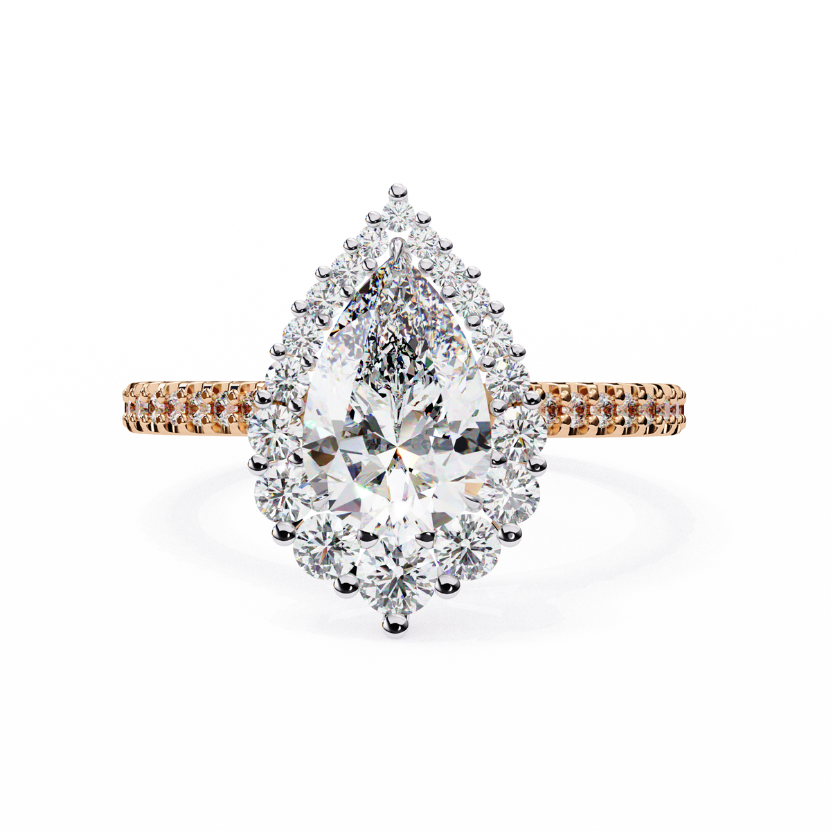 Rose Gold Pear Cut Diamond Halo Ring with Pavé Band