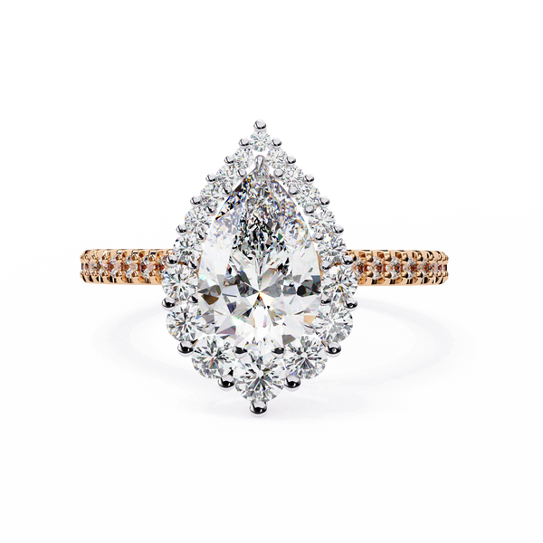 Rose Gold Pear Cut Diamond Halo Ring with Pavé Band